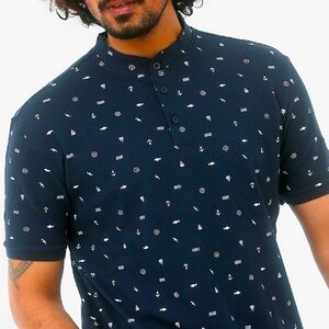 Navy Blue Polo with Geometric Pattern